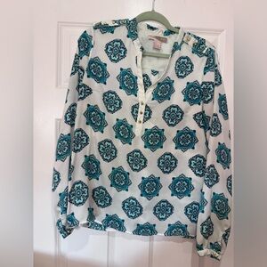 Forever 21 White Blouse with Teal Medallion Print